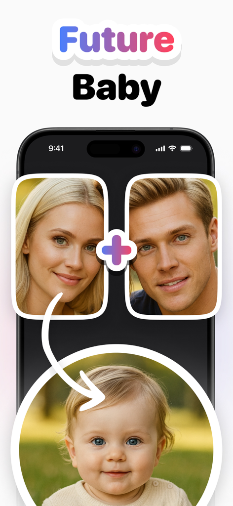 Sivu KI Mobile App-Oberfläche zeigt den 'Future Baby'-Generator mit Fotos von Eltern und Kind