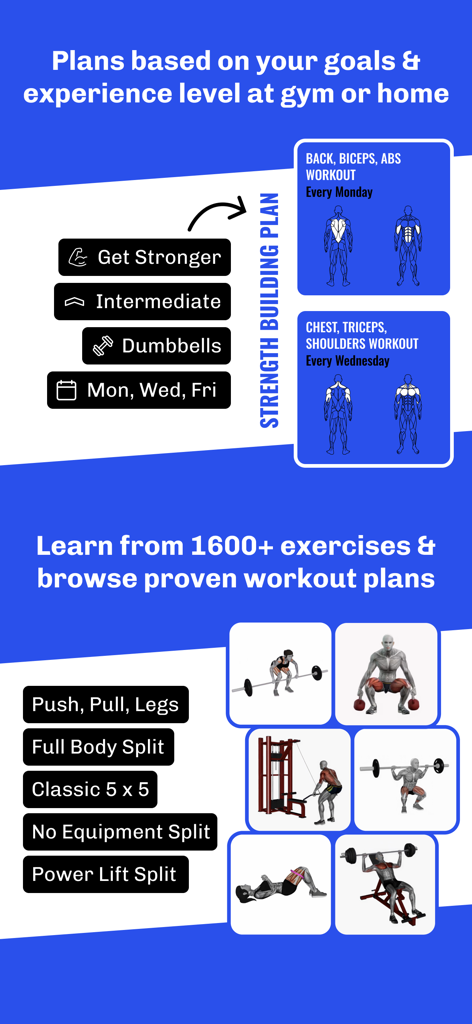 Gym Log Workout Tracker LEGEND - Interfaz de la aplicación Legend de Registro de Gimnasio que muestra planes personalizables de desarrollo de fuerza y su biblioteca de más de 1600 ejercicios.