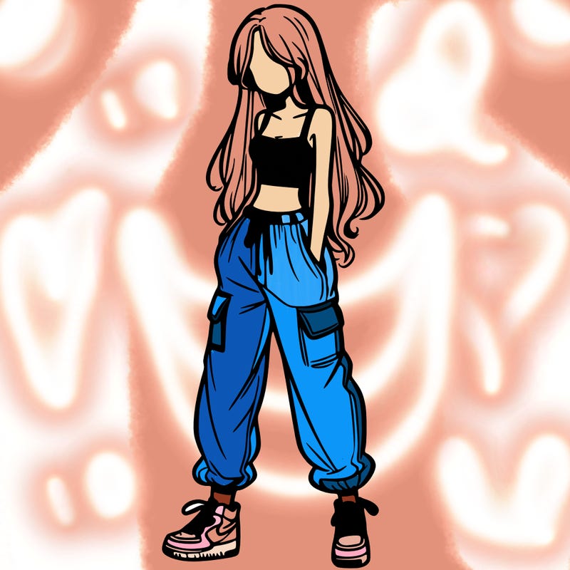 girl in baggy pants crop top and long hair