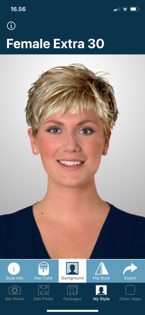 A woman previewing a short layered blonde hairstyle using the Hairstyle Try On app interface