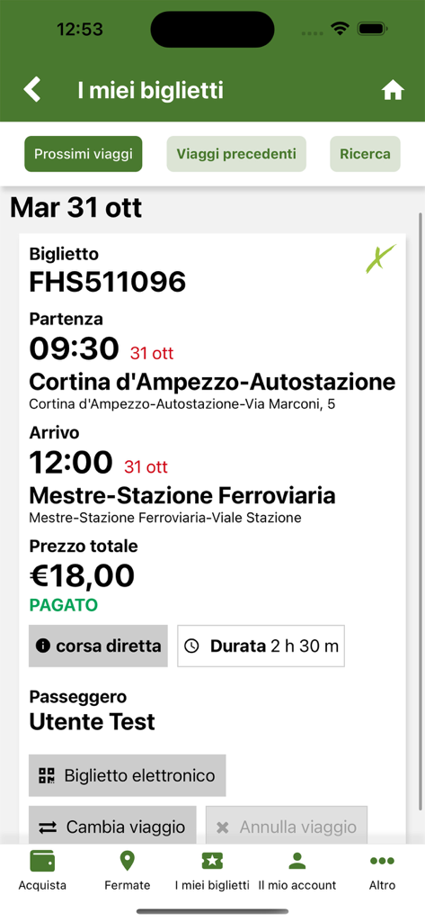 Cortina Express app showing a bus ticket for travel from Cortina d Ampezzo to Mestre Station