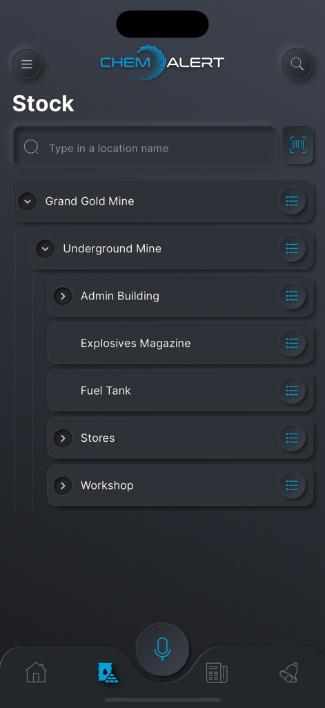 ChemAlert mobile app stock screen displaying chemical inventory locations at a mining site