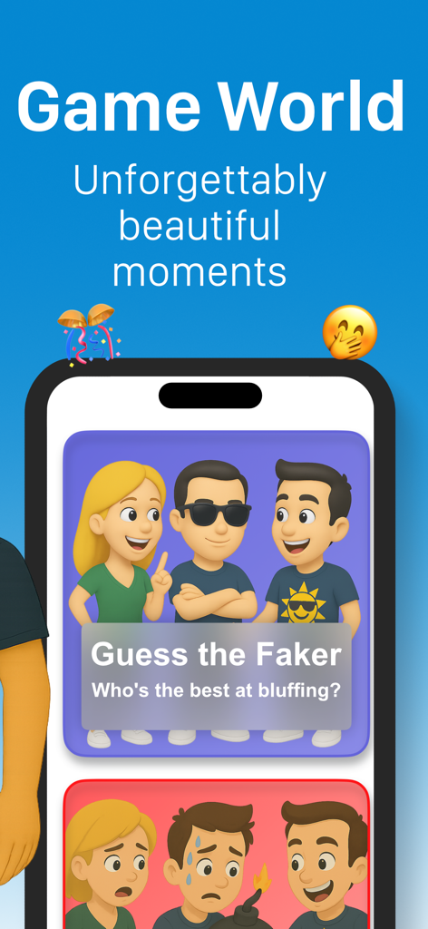 Aplicación móvil QuizHead mostrando el modo de juego social Adivina el Farsante