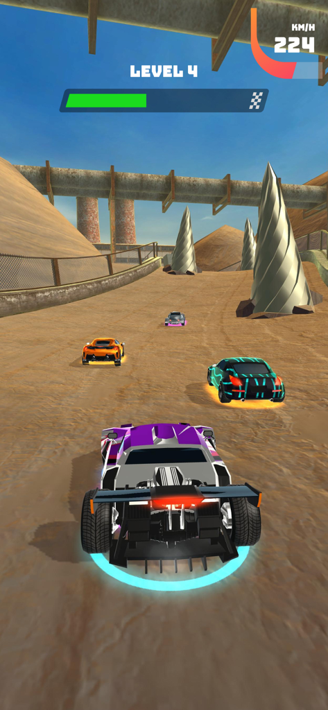 A purple sports car racing on a dirt track with spinning drill obstacles in Race Master 3D.