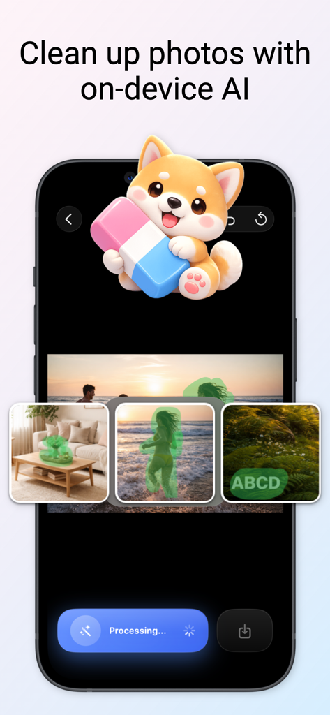 Object Removal: AI Smart Erase - 객체 제거 앱 인터페이스에서 시바견 마스코트와 함께 사람 및 텍스트의 온디바이스 AI 사진 정리를 보여줍니다