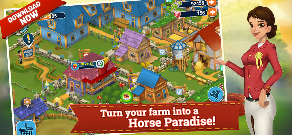 Horse Farm - Vista isométrica de una vibrante granja de caballos con establos, cabañas y una cafetería en el juego móvil Horse Farm