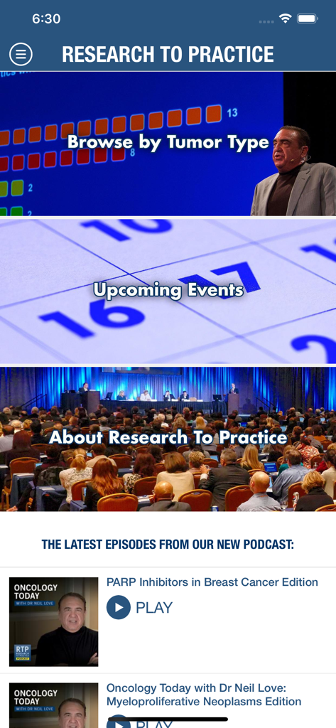 Startbildschirm der Oncology-App Research To Practice mit Abschnitten für Tumortypen, bevorstehende Veranstaltungen und Onkologie-Podcasts