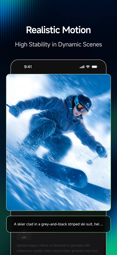 Kling AI: AI Image&Video Maker - Kling AI app interface showing a realistic AI generated video of a skier skiing down a mountain