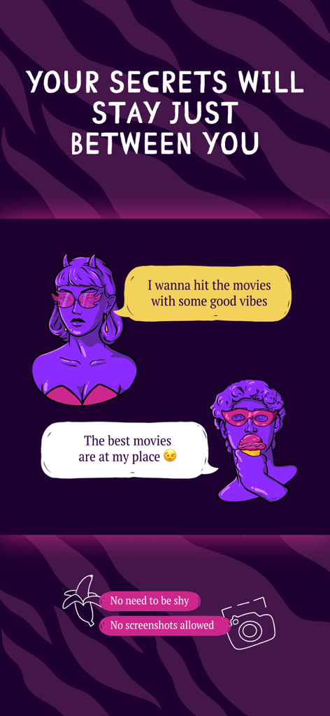 Masked Love: chat & date app - A stylized private chat screen from Masked Love dating app featuring masked characters and privacy labels such as no screenshots allowed.