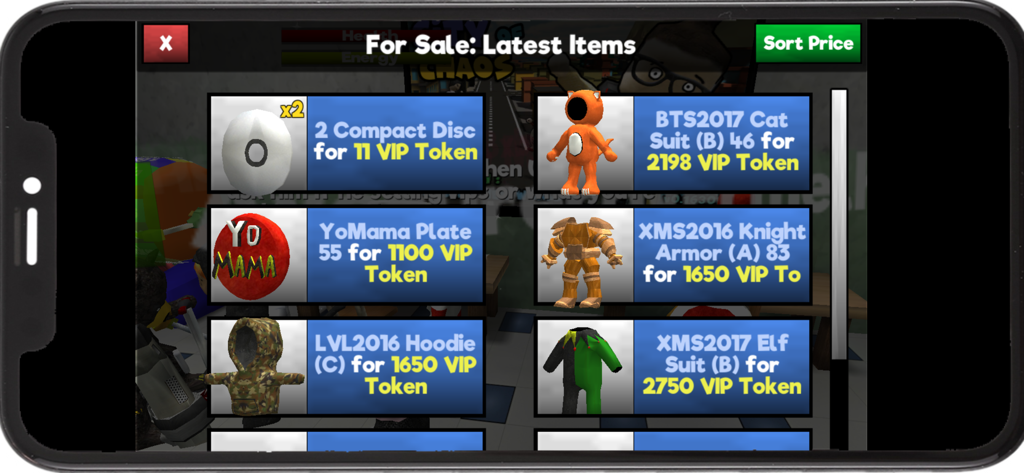 Tienda dentro del juego de School of Chaos que muestra varios artículos de armadura y personalización a la venta con tokens VIP