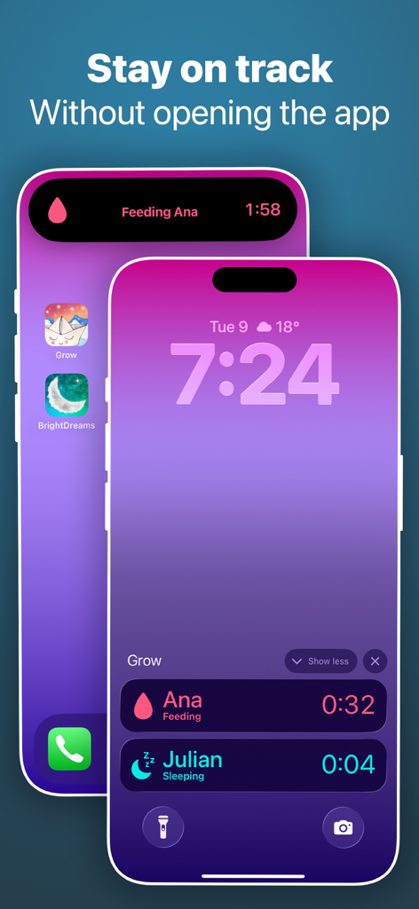Grow baby tracker app showing live feeding and sleeping updates on an iPhone lock screen