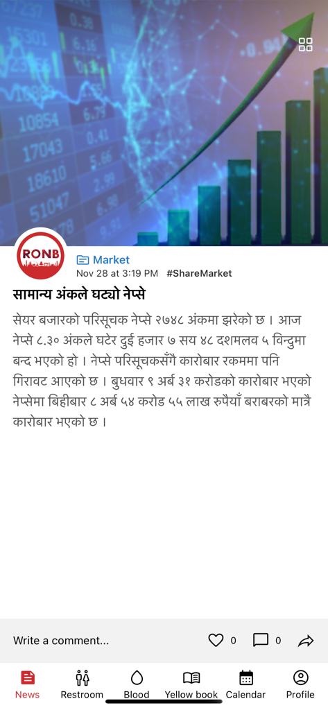 Routine of Nepal Banda - A news post on the Routine of Nepal Banda app about the NEPSE stock market with a bar chart graphic and bottom navigation menu.