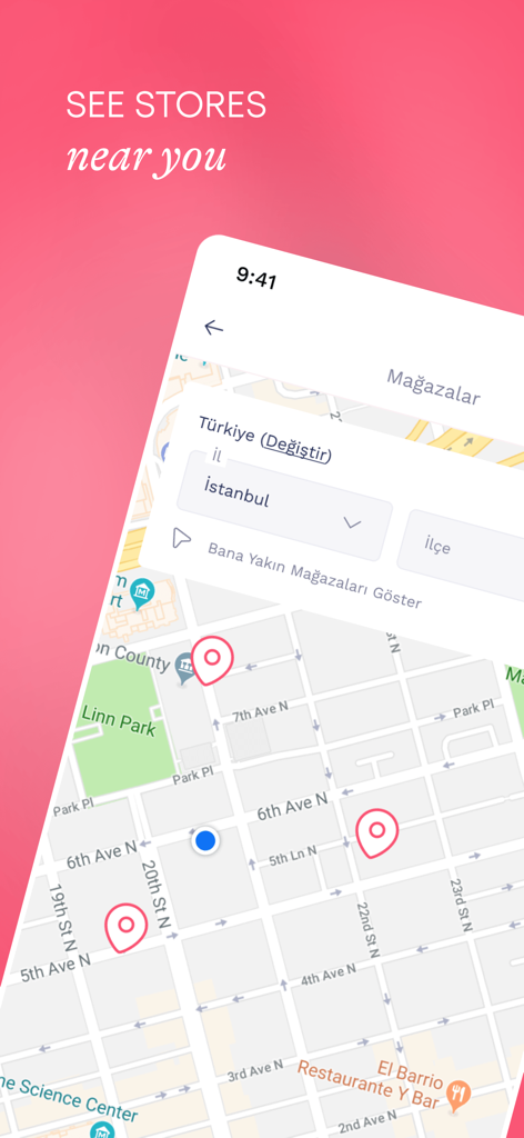Penti: İç Giyim ve Ev Giyim - Mobile App-Benutzeroberfläche, die eine Karte mit Geschäftsstandorten und eine Suchleiste zur Suche nach nahegelegenen Penti-Einzelhandelsgeschäften anzeigt.