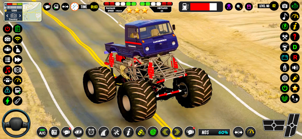 A blue monster truck on a desert road with a detailed simulation interface in the Enemy Remover game.