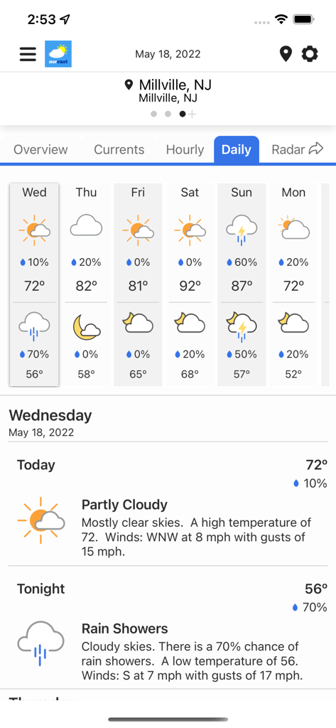 Daily weather forecast for Millville New Jersey on the NorCast Weather mobile app.