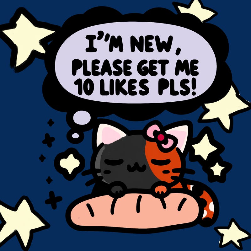kitty taking a nap dream talking and saying "i'm new, please get me at least 10 likes pls!!"