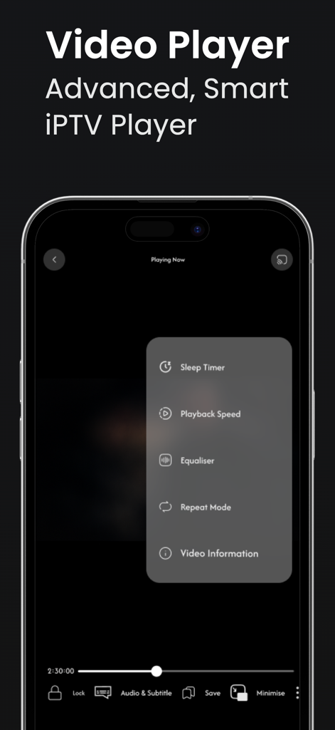 iPTV Pro - iPTV Smarter Player - Interfaz avanzada de reproductor de video de iPTV Pro que muestra configuraciones de reproducción como temporizador de apagado y velocidad de reproducción.