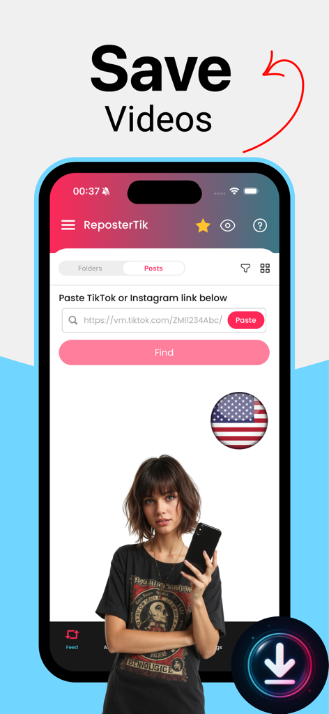 Interface of the ReposterTik app showing the input field to paste a video link and the save button.