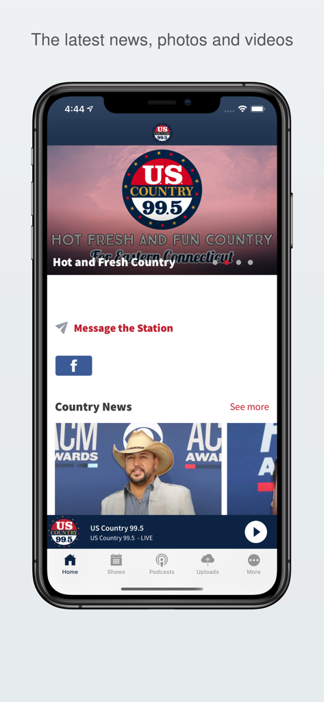 US Country 99.5 - US Country 99.5 radio app home screen showing country music news and live player