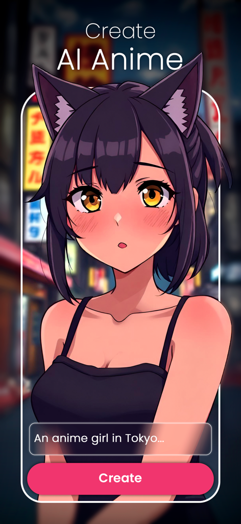 AI Art Photo Generator: CreArt - A screenshot of the CreArt app interface showing the AI Anime creation feature with an illustration of an anime girl and a text prompt box