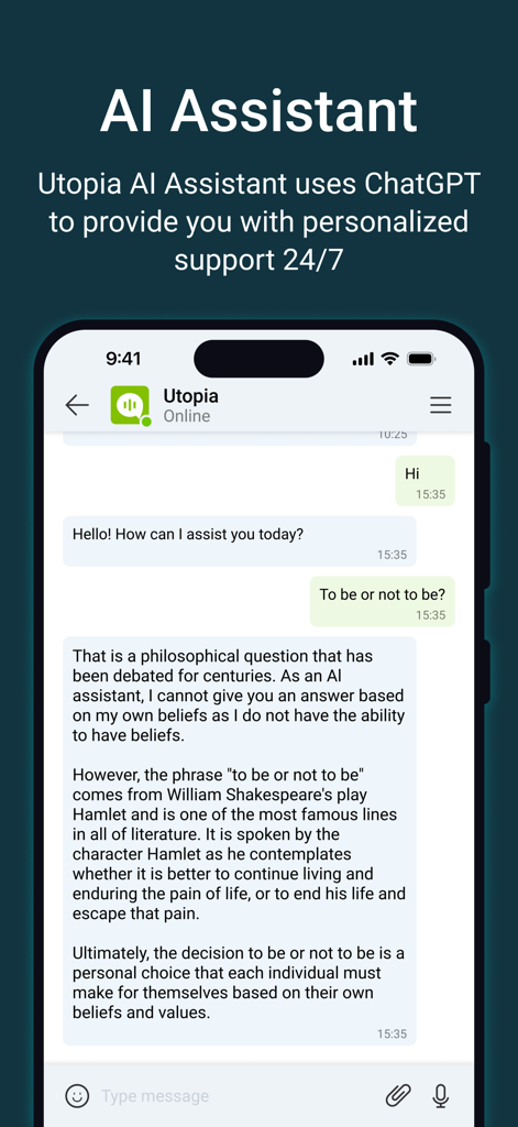 Utopia — Private Messenger - Utopia Private Messenger AI Assistant screen showing a chat interface with a detailed response powered by ChatGPT