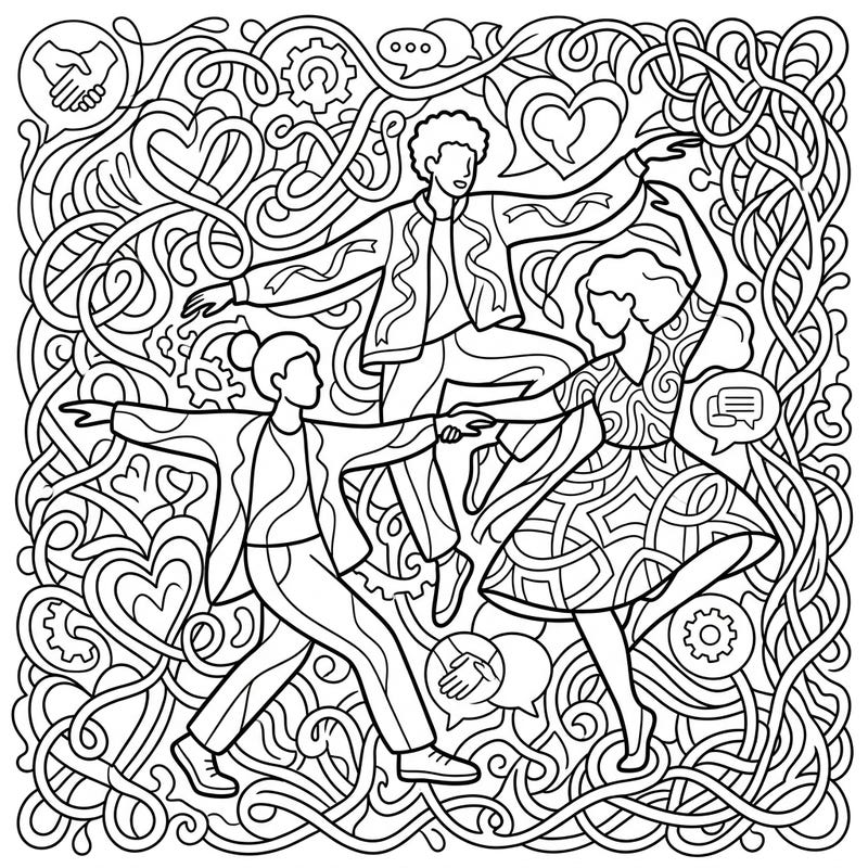 This captivating coloring page features three individuals dancing amidst a swirl of abstract patterns and symbols. It beautifully illustrates the intricate connections and dynamic nature of human relationships.