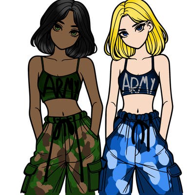 two girls with crop top with baggy pants