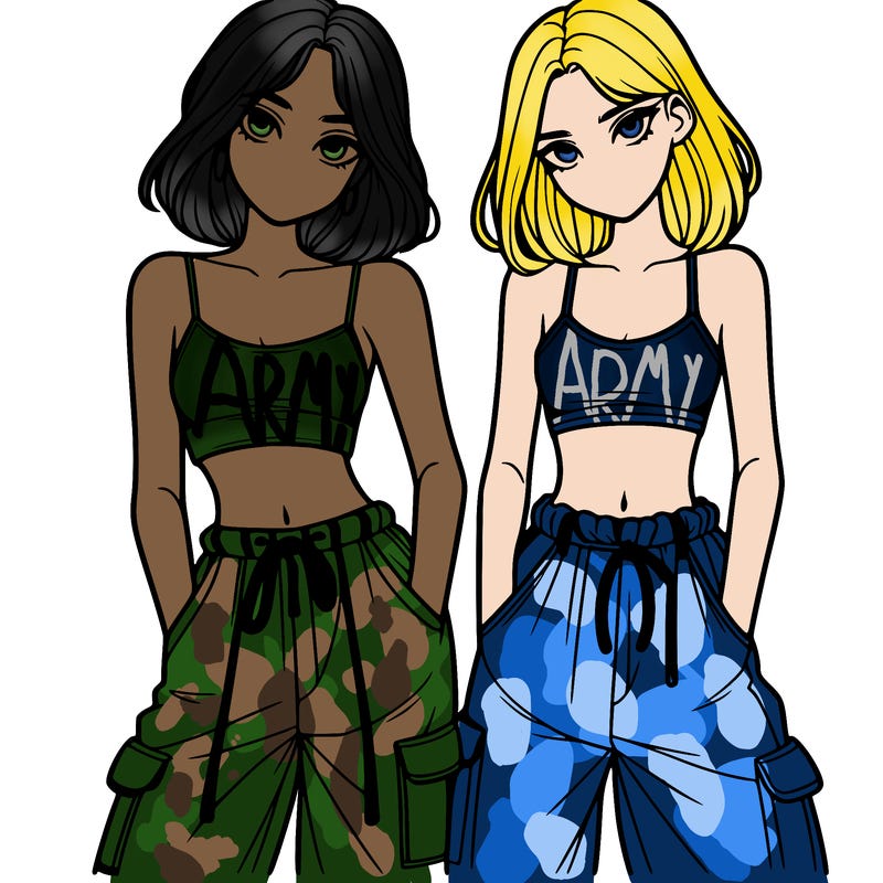 two girls with crop top with baggy pants
