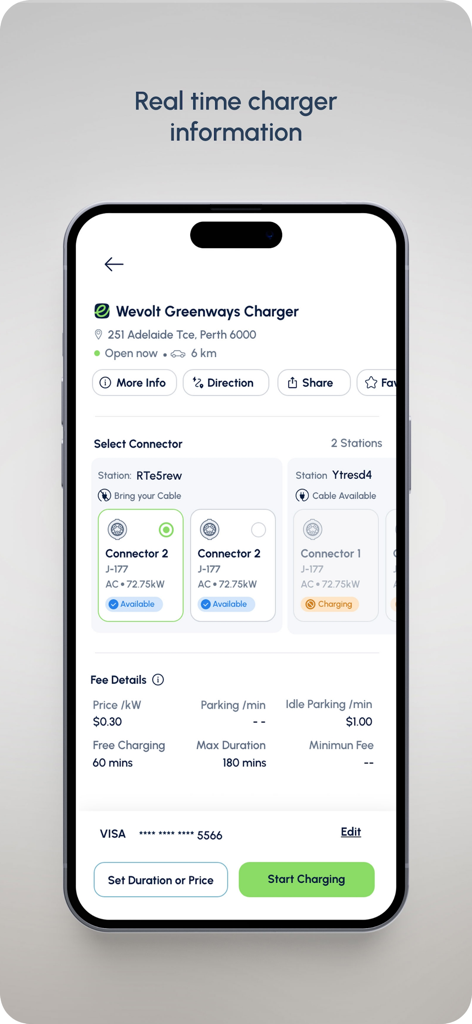 Wevolt app screen showing real-time electric vehicle charging station details and connector availability