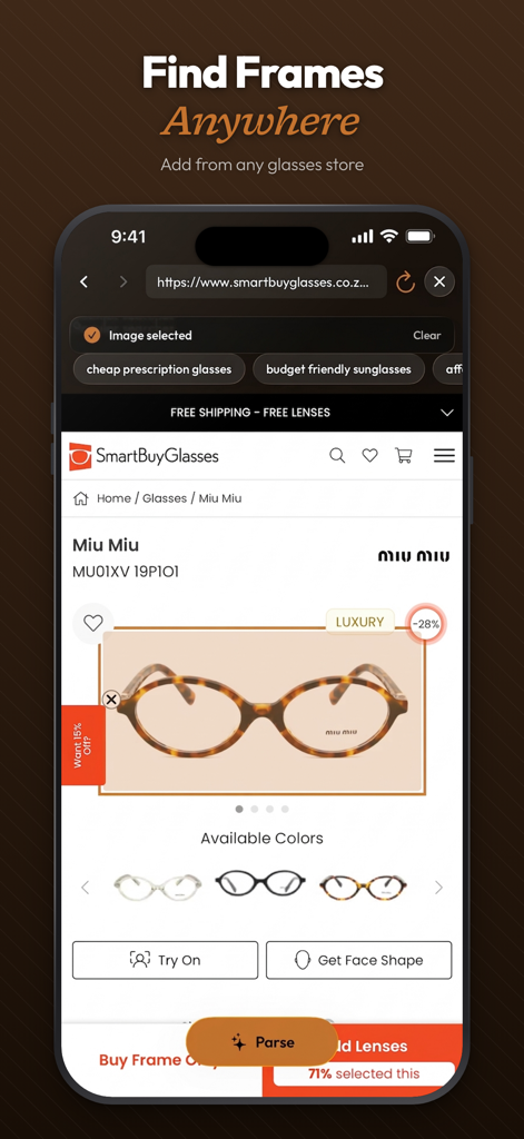 Frame — Find you glasses - Frame App zeigt die In-App-Browser-Funktion zum Importieren von Brillen aus jedem Online-Shop
