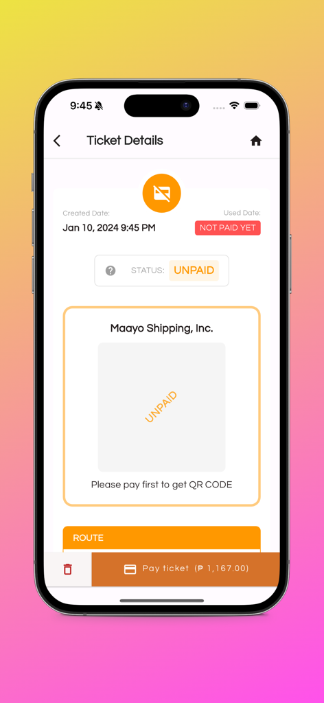 Tripket PH - Tripket PH app screen showing unpaid shipping ticket details and payment option