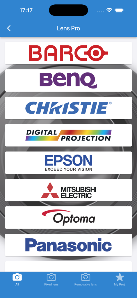Pantalla de la aplicación LensPro que muestra una lista de marcas de proyectores profesionales, incluidas Barco, Christie y Epson
