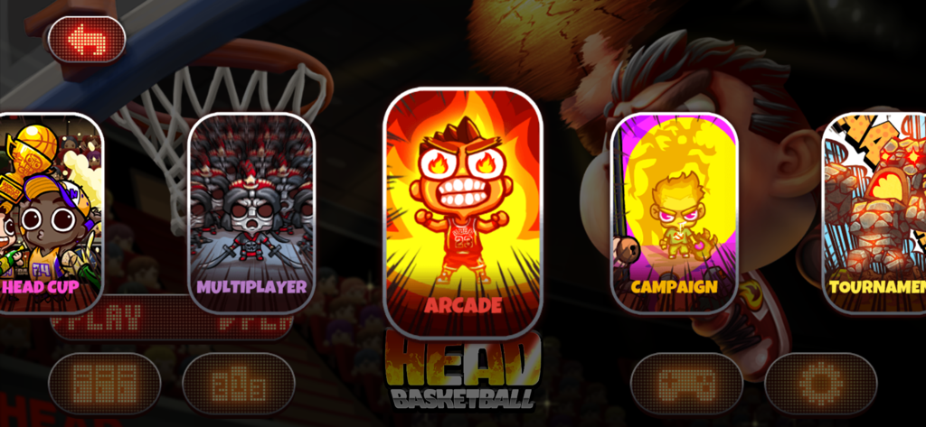 Menu di gioco di Head Basketball che mostra varie modalità di gioco tra cui Multiplayer Arcade e Campagna con personaggi stilizzati in stile cartone animato.