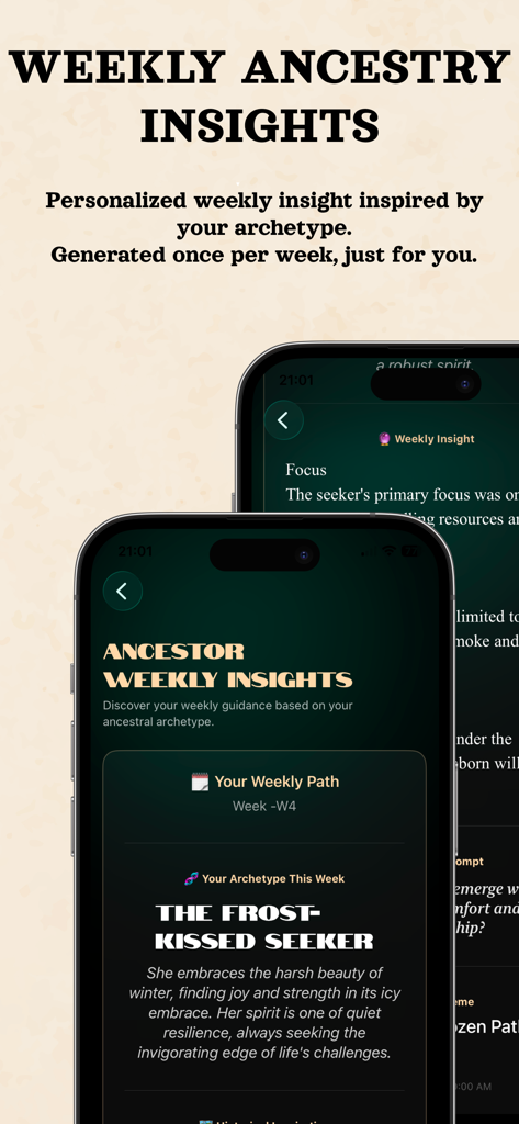 Ancestor Lens: Ancestry & DNA - Captura de pantalla de la aplicación Ancestor Lens que muestra información personalizada semanal sobre ascendencia y descripciones de arquetipos.