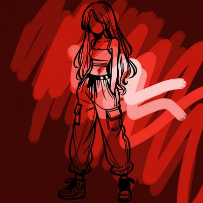 girl in baggy pants crop top and long hair