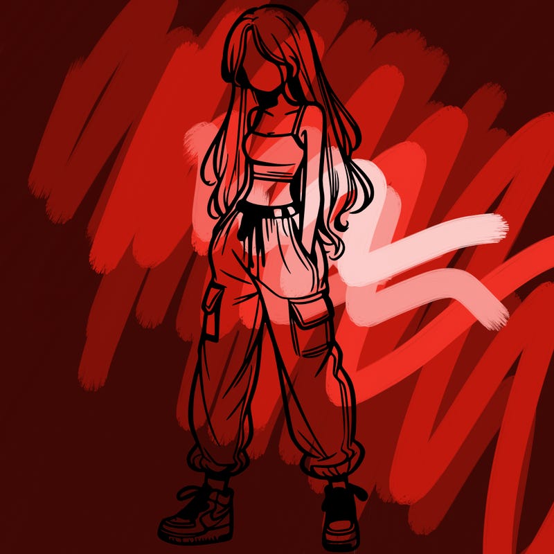 girl in baggy pants crop top and long hair