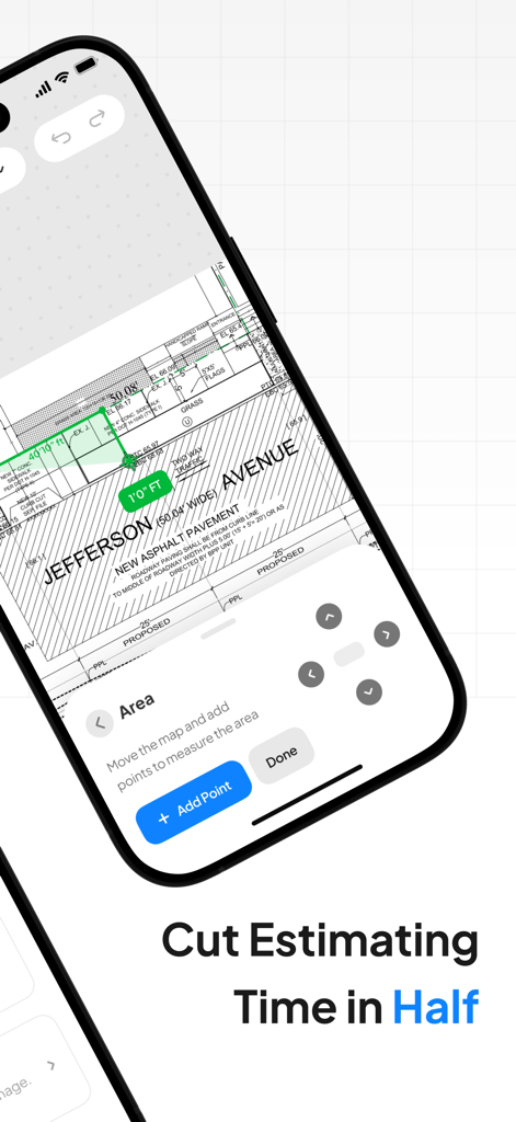 Planformer – Smart Takeoffs - Smartphone displaying the Planformer app performing an area calculation on a construction blueprint.