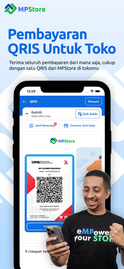 MPStore - SuperApp UMKM - A smartphone showing the MPStore app with a QRIS code for digital business payments and a man celebrating his business growth.