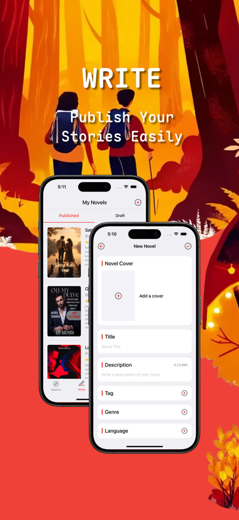 The NovelPlus app interface for writing and publishing original stories.