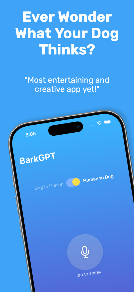 BarkGPT – AI Dog Translator - BarkGPT app interface showing human to dog translation mode and a microphone button for voice input.