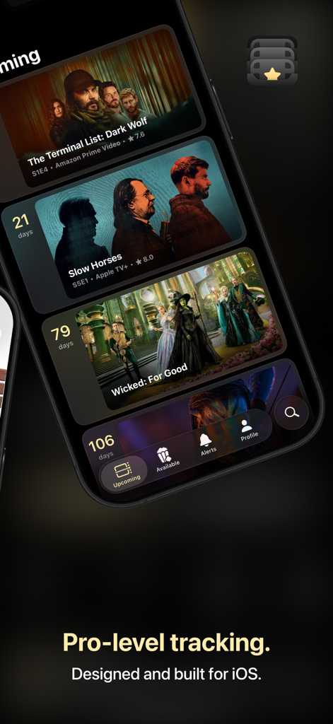 Showcase: Track Movies & Shows - Interfaz de la aplicación Showcase que muestra una lista de películas y series próximas con temporizadores en modo oscuro