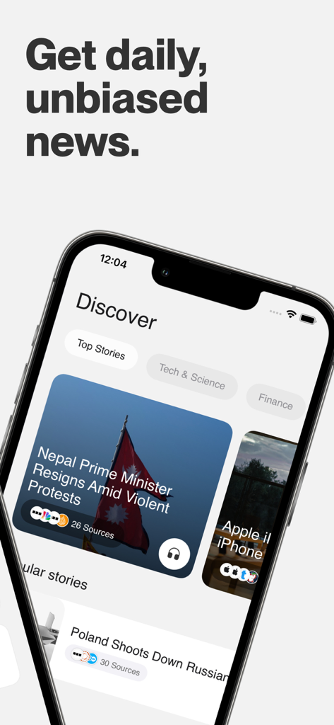 A mobile interface showing an unbiased news feed with top stories from multiple sources ready for audio listening