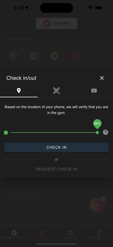 Interfaccia dell'app GYMIFY per il check-in in una palestra utilizzando la verifica della posizione mobile