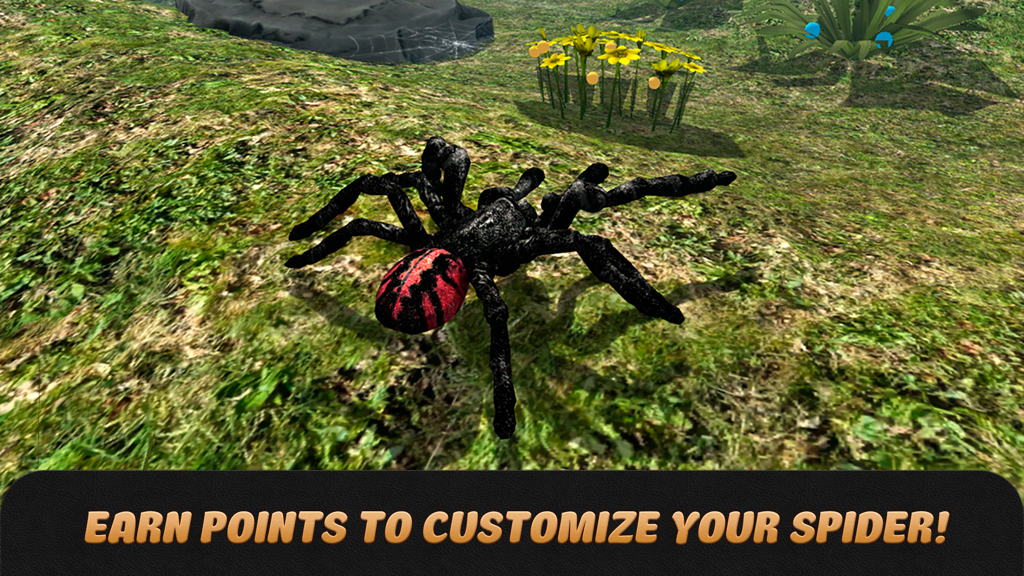 Spider Life Simulator 3D - Uma aranha preta e vermelha em um ambiente natural 3D com um banner sobre ganhar pontos de personalização.