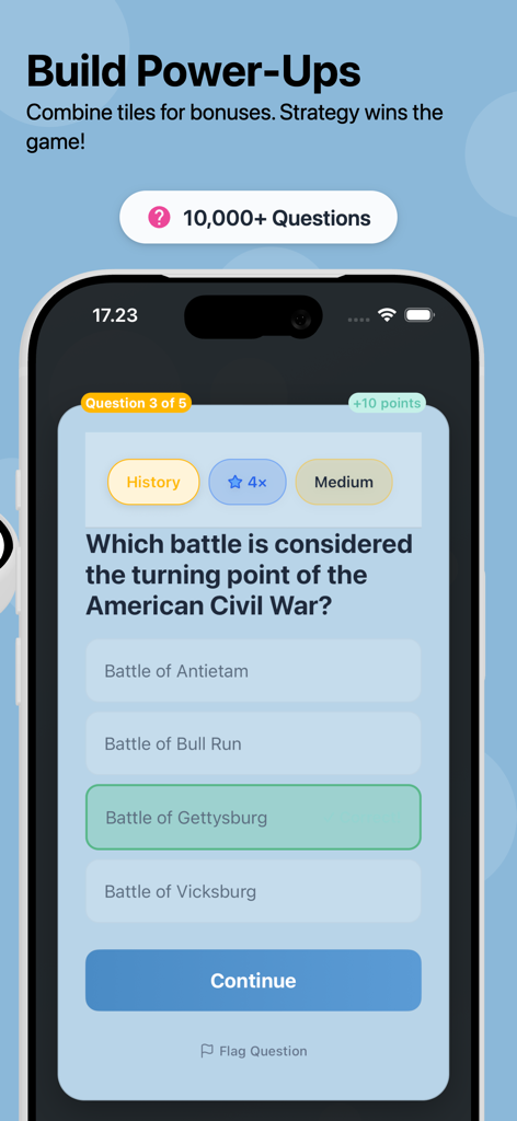 Una domanda di trivia di storia sulla Guerra Civile Americana su un'interfaccia di telefono cellulare con un moltiplicatore di punti 4x.