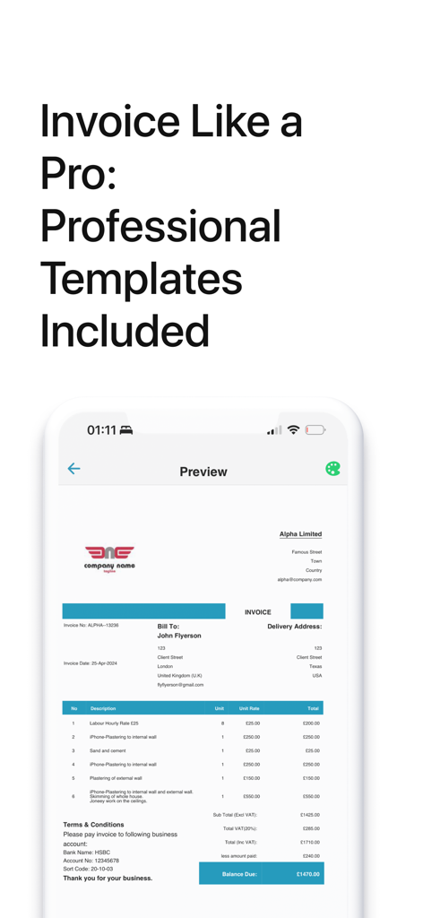 A professional invoice template preview on a smartphone from the Invoice 4all app