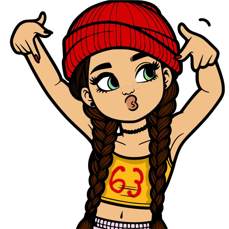 realistic teenage girl with braids and a beanie and crop top doing 🫶🏼