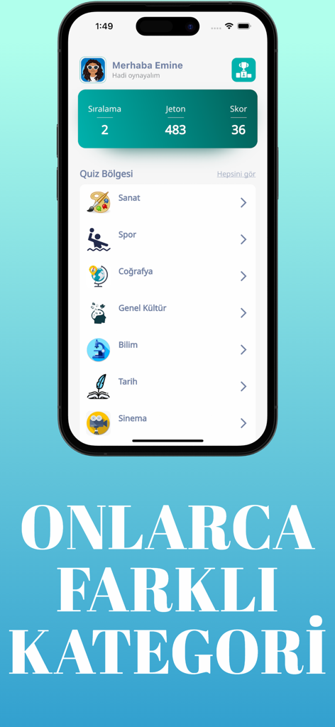 Quizilla - Quizilla app interface displaying various trivia categories and user performance stats like ranking and score