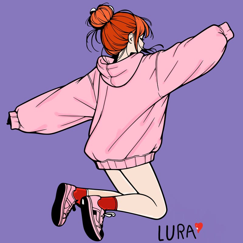 realistic girl jumping with a bun and oversized sweatshirt