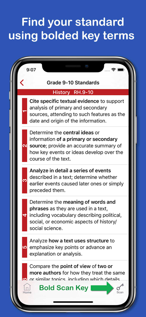 Common Core Pocket - Screenshot of the Common Core Pocket app showing Grade 9-10 History standards with bolded key terms and the scan key button
